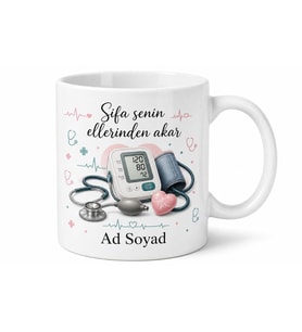 İsimli Hemşire Kupası Tansiyon Aleti Desenli Kupa Bardak Hediye