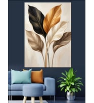 Üç Renk Minimal Yaprak Dekoratif Kanvas - Mdf Ahşap Tablo