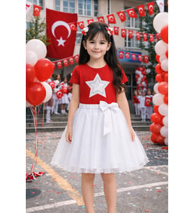 Kız Çocuk Parlak Yıldız Desenli Kırmızı Tişört Okul Bayram Etkinlik 3-14 Yaş