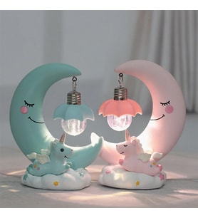 Dekoratif  Ay Dede ve Minik Unicorn Temalı Masa Lambası ve Biblo (Mavi)