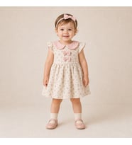 Kız Çocuk Çiçek Desenli Müslin Bebe Yaka Fiyonk Detaylı Elbise - PEMBE / 2 YAŞ
