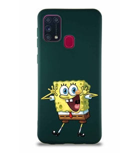 Samsung Galaxy M31 Soft Premier Kapak Sünger Bob Tasarımlı Silikon Kılıf - Yeşil (Şeffaf)