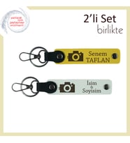 Anıları Anahtarlığında Taşı, Kamera Motifli, Kişisel 2’li Deri Anahtarlık Seti, Sarı-Beyaz