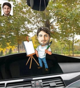 Kişiye Özel Karikatürlü Ahşap Araba Dikiz Ayna Süsü Ressam-1