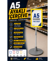 A5 Ayaklı Menü ve Fiyat Bilgi Standı Yuvarlak Tabanlı Teleskopik Çerçeve Etiketlik Sarı