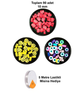90 Adet 10 mm Polimer Kil Fimo Boncuk Takı Bileklik + 5 Metre Misina Hediye - Smile - Nazar - Love