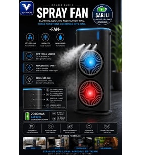Çift Başlıklı Sprey Fan Nemlendirici Renkli Led Işıklı Siyah