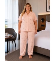 Kadın Büyük Beden Milan Kumaş Düğmeli Pijama Takımı 3184