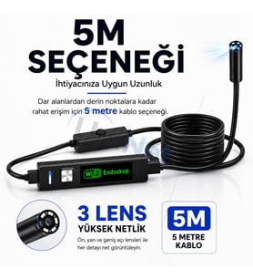 Uninet Iphone Için 5 Metre Wifi Özellikli 3 Kameralı Endoskop Yılan Kamera 1080P Hd