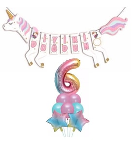 Şekilli Unicorn 6 Yaş İyi Ki Doğdun Gökkuşağı Balonlu Set