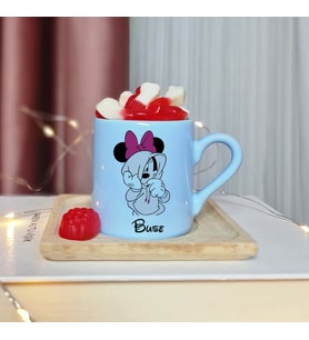 Minnie Mouse Tasarımlı Kişiye Özel Mavi Türk Kahvesi Fincanı