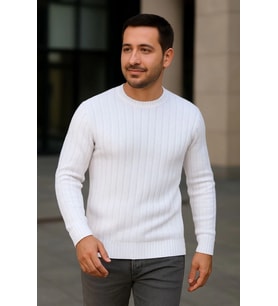 Erkek Bisiklet Yuvarlak Yaka Triko Kazak Pamuklu Kalın Fitilli Dokuma, Regular Fit Uzun Kollu Kışlık