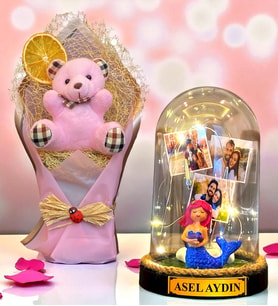 Sizlere Özel İsimli 3 Fotoğraflı Led Işıklı Fanus ve Pembe Peluş Ayıcık Buketi (Model 7)
