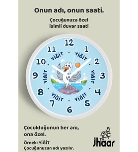 İsme Özel Sevimli Martı Çocuk Odası Duvar Saati Orta Boy 30 cm Beyaz Camlı Sessiz