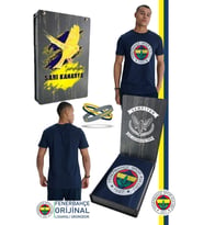 Fenerbahçe Orijinal Lisanslı Kabartma Logo Lacivert Tribün T-Shirt + Bileklik Set Hediyelik UV  Baskılı Ahşap Kutulu