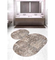 Dijital Baskılı Kaymaz Taban Yıkanabilir Oval 2'li Klozet Takımı Banyo Paspası NOKZ-SD-239 (Bej)
