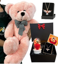 Renkli Zümdürü Anka Kuşu Kolyeli Fotoğraflı Premium Set - Büyük Boy Pembe Peluş Ayıcıklı (Model 4)