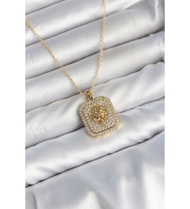 316L Çelik Zincir Gold Aslan Madalyon Model Zirkon Taşlı Kadın Kolye TJ-BKO11139