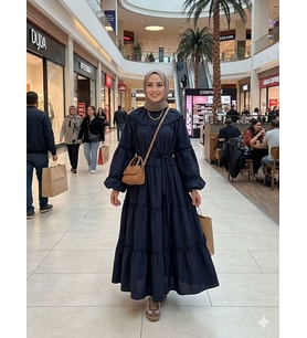 Kadın Kolu Kat Kat Kuşaklı Boydan Tesettür Elbise
