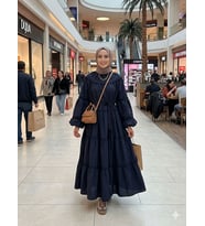 Kadın Kolu Kat Kat Kuşaklı Boydan Tesettür Elbise