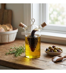 2'si 1 Arada Cam Yağlık ve Sirkelik - İç İçe Geçmeli Çift Hazneli Dekoratif Sosluk - Mantar Kapaklı Zeytinyağı ve Sirke Şişesi (240ml + 60ml)