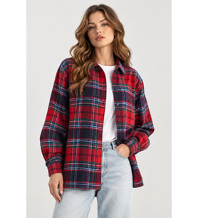 Kadın Kışlık Kalın Oduncu Gömlek Oversize Kareli Casual Gömlek- Kırmızı-Lacivert