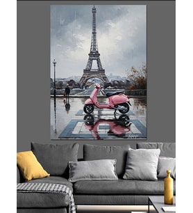 Paris Eyfel Kulesi Ve Pembe Vespa Dekoratif Kanvas - Mdf Ahşap Tablo