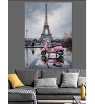 Paris Eyfel Kulesi Ve Pembe Vespa Dekoratif Kanvas - Mdf Ahşap Tablo