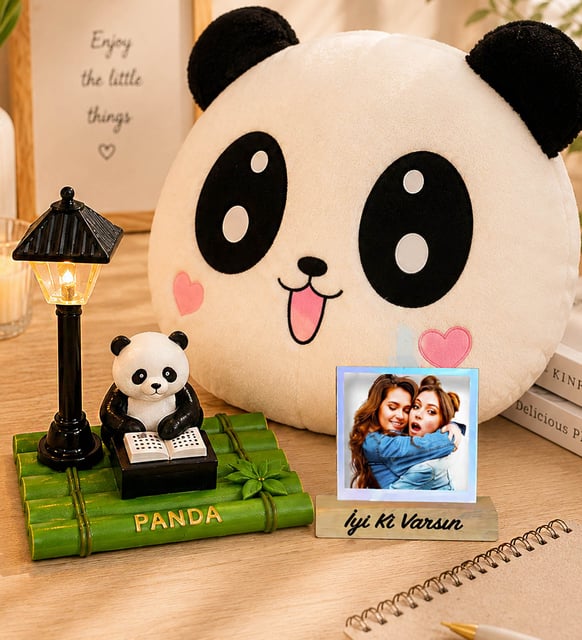 Kişiye Özel Fotoğraflı Sevimli Panda Masa Lambası & Sevimli Panda Polar Yastık
