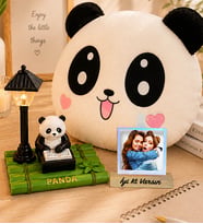 Kişiye Özel Fotoğraflı Sevimli Panda Masa Lambası & Sevimli Panda Polar Yastık