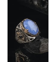 Paraiba Taşlı Yanları Zirkon Taş Süslü 925 Ayar Gümüş Erkek Yüzük Gyzaquamrın-mav