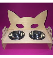 Cennet Bahçe Ahşap Kedi Mama ve Su Kabı - Kedi Desenli