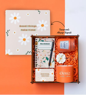 Motivasyon Temalı Ahşap Kutuda, Kişiye Özel Çay/Kahve Fincanı, Ahşap Defter, Tükenmez Kalem