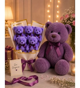 Mor Peluş Ayıcık Buketi & Büyük Peluş Ayıcık Hediye Seti