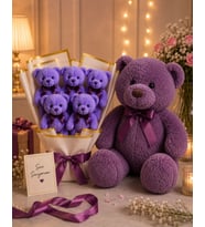 Mor Peluş Ayıcık Buketi & Büyük Peluş Ayıcık Hediye Seti