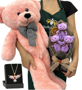 Premium Hediye Seti - Renkli Anka Kuşu Kolyeli, 3'lü Ayıcık Buketli ve Pembe Peluş Ayıcıklı Set (Model 4)