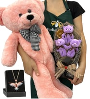 Premium Hediye Seti - Renkli Anka Kuşu Kolyeli, 3'lü Ayıcık Buketli ve Pembe Peluş Ayıcıklı Set (Model 4)