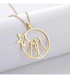 Kişiye Özel 925 Ayar Gümüş Kediler ve Yıldız Kolye (Gold)