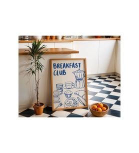 Ahşap Çerçeveli 33x48 1 Adet Mutfak Temalı Mavi Breakfast Club Yazılı Posterli Tablo