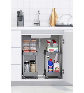 2 Adet Gri 2 Katlı Tekerlekli Düzenleyici Mutfak ve Banyo Rafı