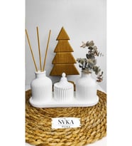 HERA BOHEM SET(24 cm Oval Sunumluk+2 adet Çizgili Vazo+1 adet Kapaklı Mumluk)