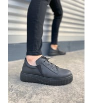 JY502 Bold Bağcıklı Cilt Erkek Günlük Sneaker Ayakkabı CST - Siyah