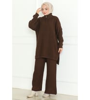 Fermuarlı Tunik Pantolon Triko Takım 1126 - Acı Kahve
