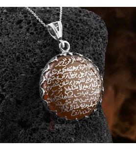 Tamamı El Yazısı Berhetiyye Duası Sarı Akik Taşı 925 Ayar Gümüş Kolye