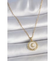 316L Çelik Gold Renk Zincir Beyaz Mineli Hilal İşlemeli Madalyon Model Kadın Kolye - TJ-BKO10035