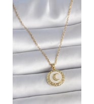 316L Çelik Gold Renk Zincir Beyaz Mineli Hilal İşlemeli Madalyon Model Kadın Kolye - TJ-BKO10035