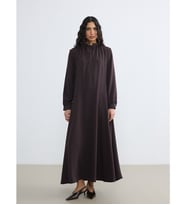 LCW Modest Kahverengi Bağlama Yaka Büzgülü Krep Elbise