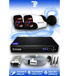PICAM 2 Kameralı Panda 2 Dış Kamera Set HDD'siz Full HD Gece Görüşlü Güvenlik Kamerası Sistemi