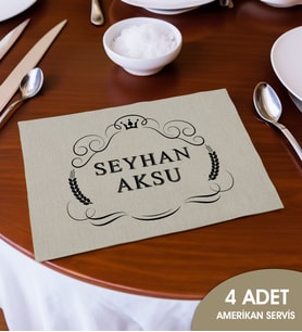 BK Gift Kişiye Özel İsimli 4’li Keten Amerikan Servis Seti-5, Ev Hediyesi,Baskılı Servis Bezi, Mutfak Dekoru
