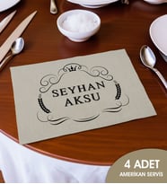 BK Gift Kişiye Özel İsimli 4’li Keten Amerikan Servis Seti-5, Ev Hediyesi,Baskılı Servis Bezi, Mutfak Dekoru